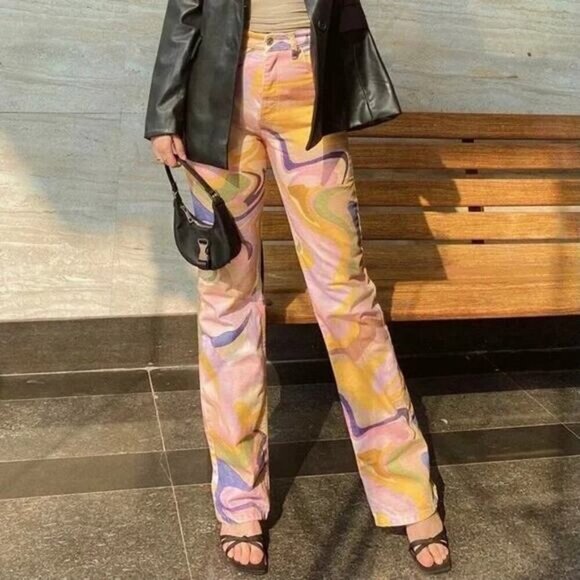 ZARA Straight Leg Abstract Swirl Print Jeans Size 2 Multicolor - Picture 5 of 11